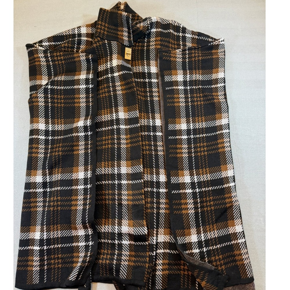 Calvin Klein Womens Plaid Knit Cape Mock Neck Turn-Lock Clasp Black Brown L/XL - Picture 4 of 5